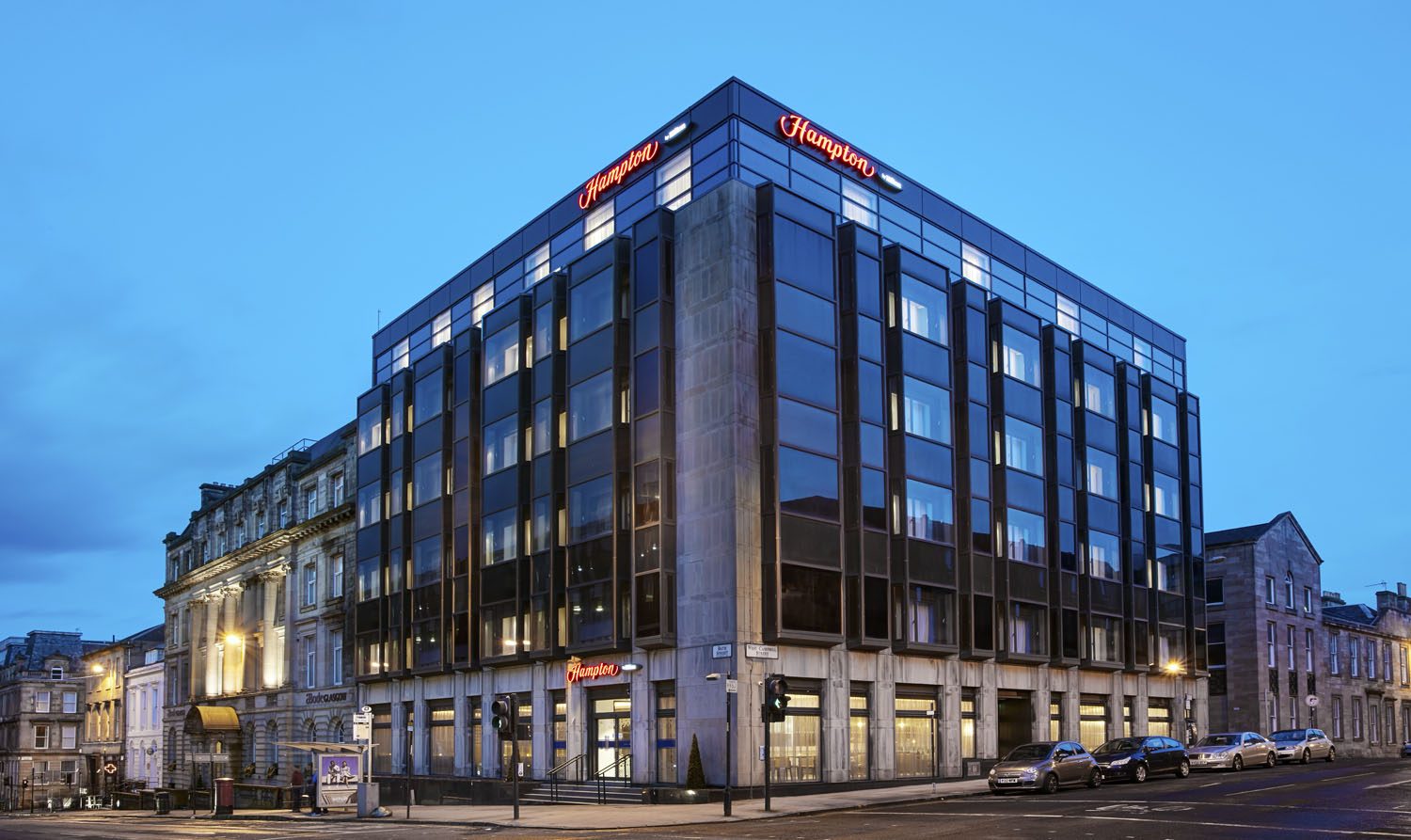 Hampton by Hilton Glasgow exterior at dusk